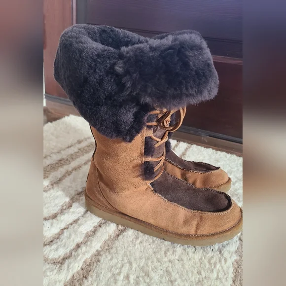 UGG Whitley Moccasin Boots Chestnut Suede Leather Tall Size 9 - Picture 4 of 7